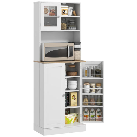 Microwave Stands: White Freestanding Pantry Cabinet with Hutch – Kitchen Storage Cabinet with 8 Door Shelves & Adjustable Shelves