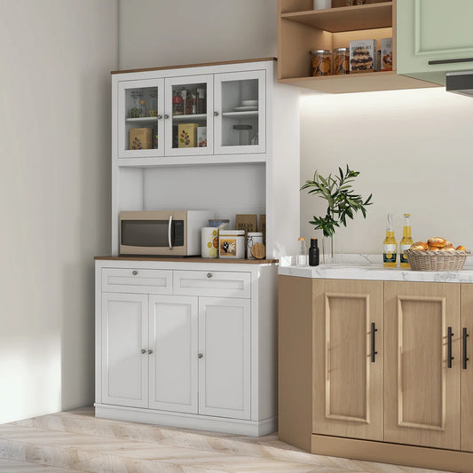 Microwave Stands: Pantry Cabinet with Hutch, 2 Drawers, 5 Doors, Adjustable Shelves & Glass Doors
