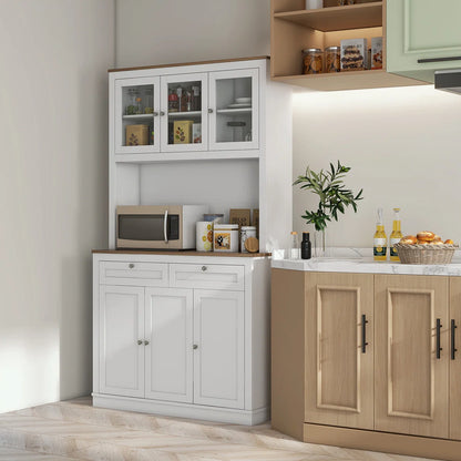 Microwave Stands: Pantry Cabinet with Hutch, 2 Drawers, 5 Doors, Adjustable Shelves & Glass Doors
