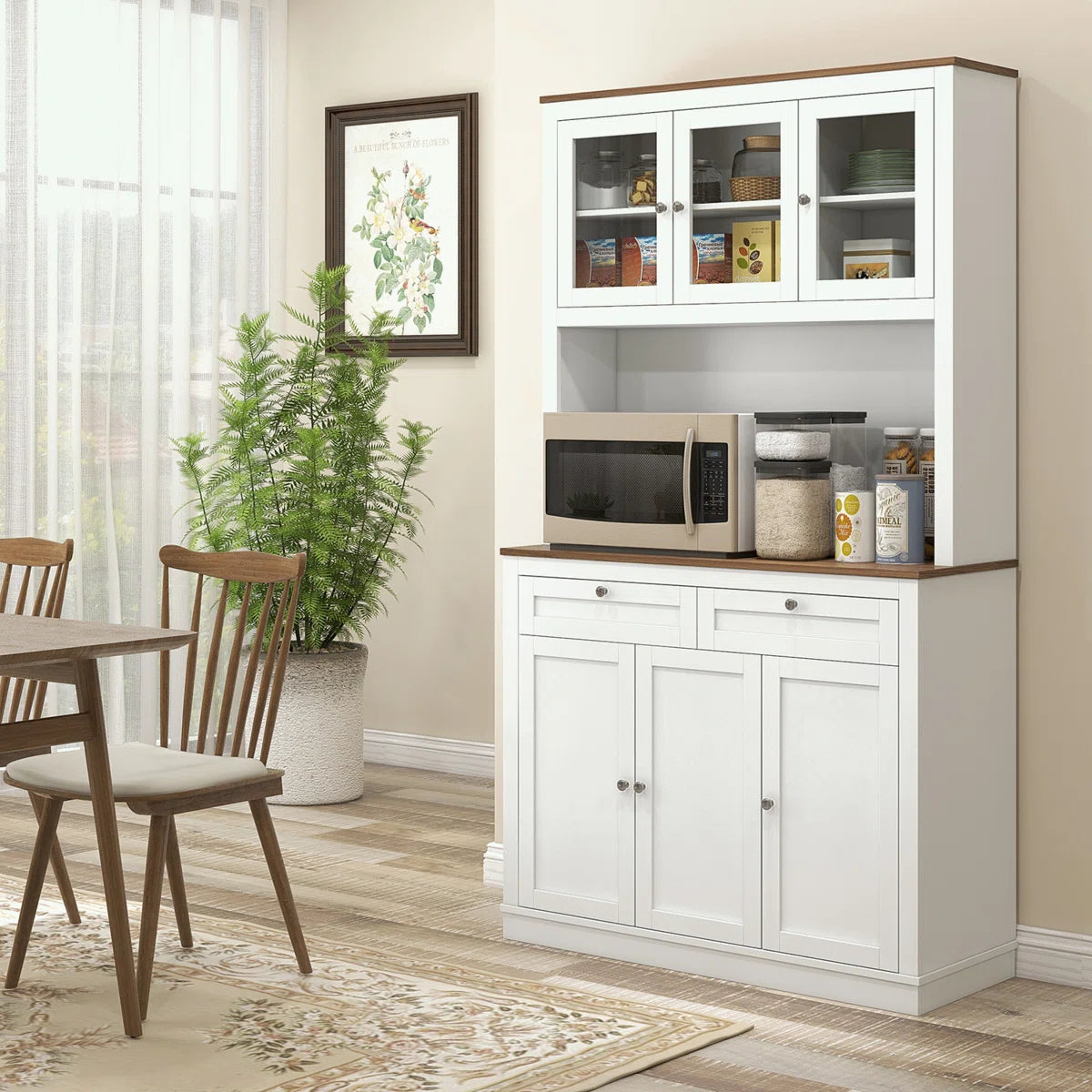 Microwave Stands: Pantry Cabinet with Hutch, 2 Drawers, 5 Doors, Adjustable Shelves & Glass Doors