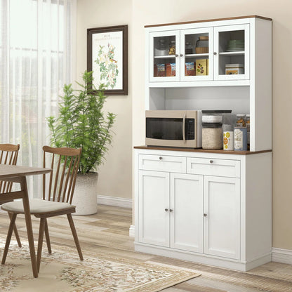 Microwave Stands: Pantry Cabinet with Hutch, 2 Drawers, 5 Doors, Adjustable Shelves & Glass Doors