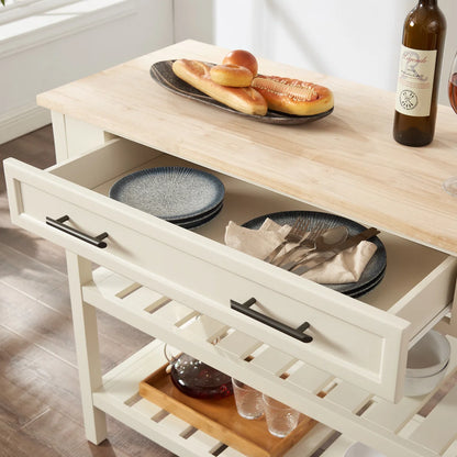 Kitchen Island Table: 42" Wide Butcher Block Top Island with Drawers &amp; Open Shelves