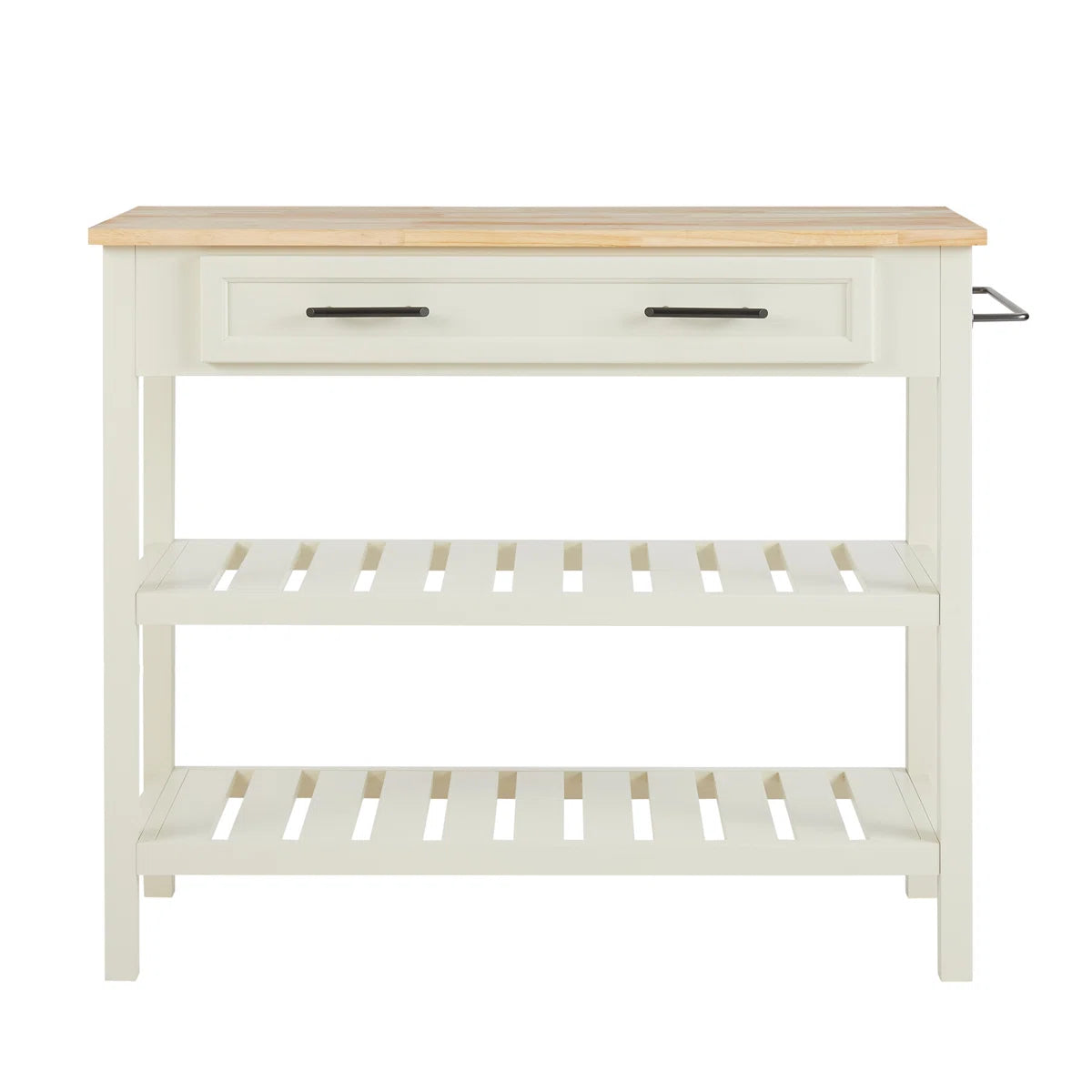 Kitchen Island Table: 42" Wide Butcher Block Top Island with Drawers &amp; Open Shelves