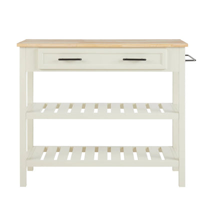 Kitchen Island Table: 42" Wide Butcher Block Top Island with Drawers &amp; Open Shelves
