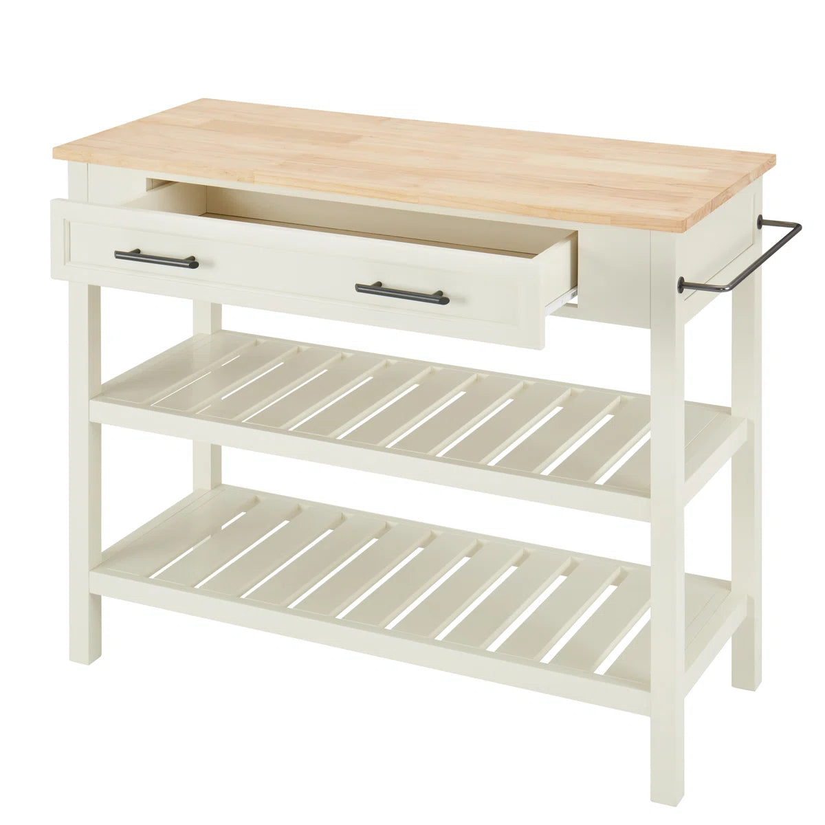 Kitchen Island Table: 42" Wide Butcher Block Top Island with Drawers &amp; Open Shelves