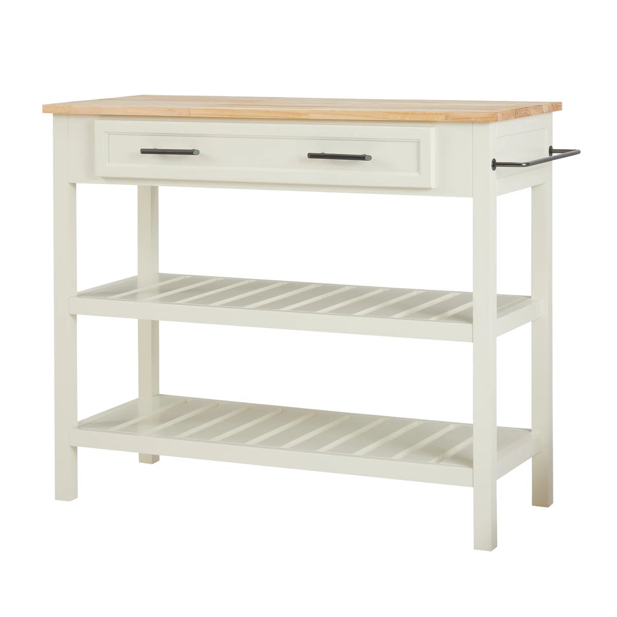 Kitchen Island Table: 42" Wide Butcher Block Top Island with Drawers &amp; Open Shelves