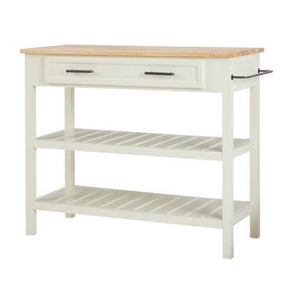 Kitchen Island Table: 42" Wide Butcher Block Top Island with Drawers &amp; Open Shelves