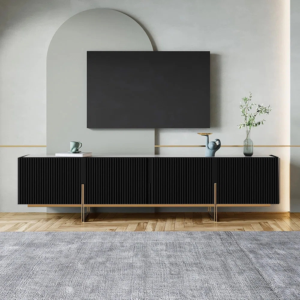 tv panel: Elegant entertainment center featuring faux marble surface and stainless gold-toned legs