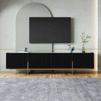 tv panel: Elegant entertainment center featuring faux marble surface and stainless gold-toned legs