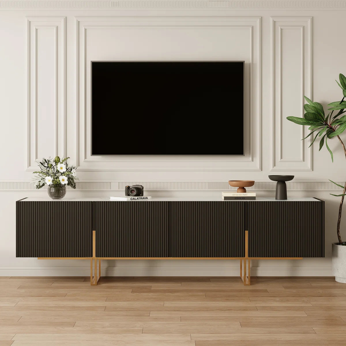 tv panel: Elegant entertainment center featuring faux marble surface and stainless gold-toned legs