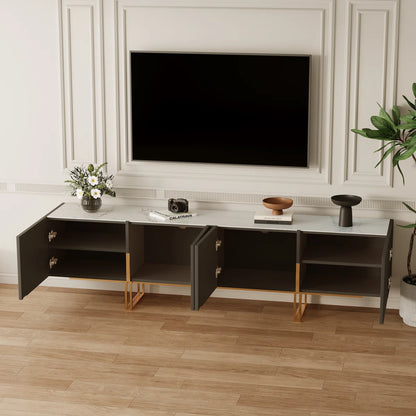 tv panel: Elegant entertainment center featuring faux marble surface and stainless gold-toned legs