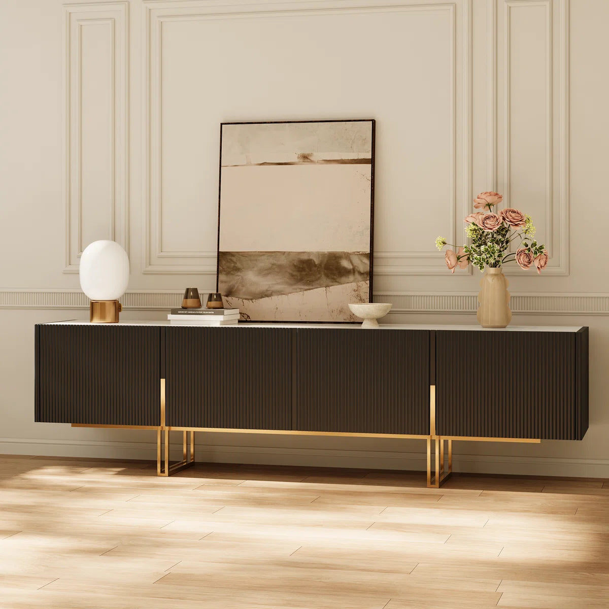 tv panel: Elegant entertainment center featuring faux marble surface and stainless gold-toned legs