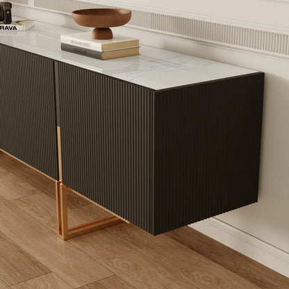 tv panel: Elegant entertainment center featuring faux marble surface and stainless gold-toned legs