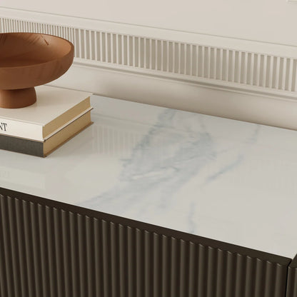 tv panel: Elegant entertainment center featuring faux marble surface and stainless gold-toned legs