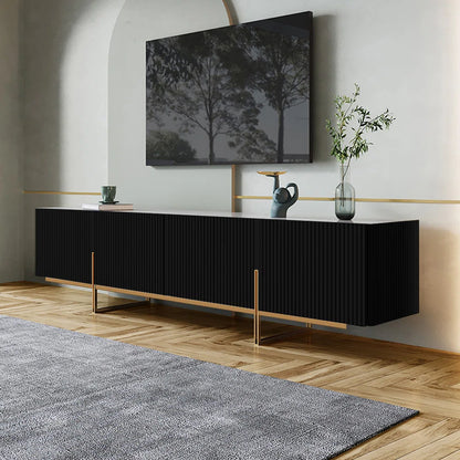 tv panel: Elegant entertainment center featuring faux marble surface and stainless gold-toned legs