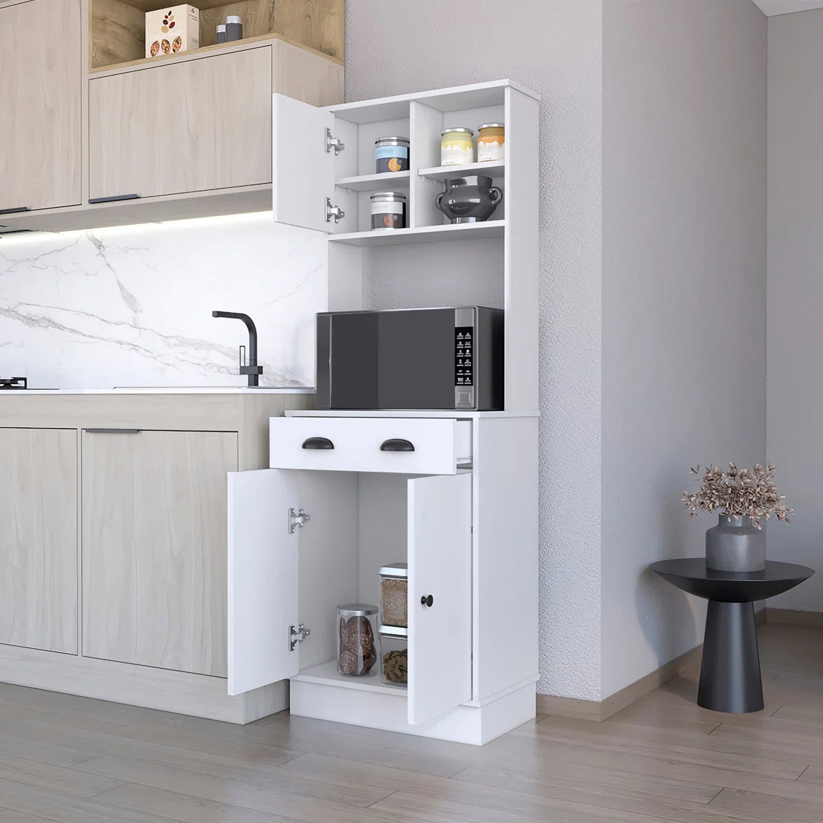 Microwave Stands: Powell Microwave Kitchen Cabinet with Storage Drawer and 3-Door Design