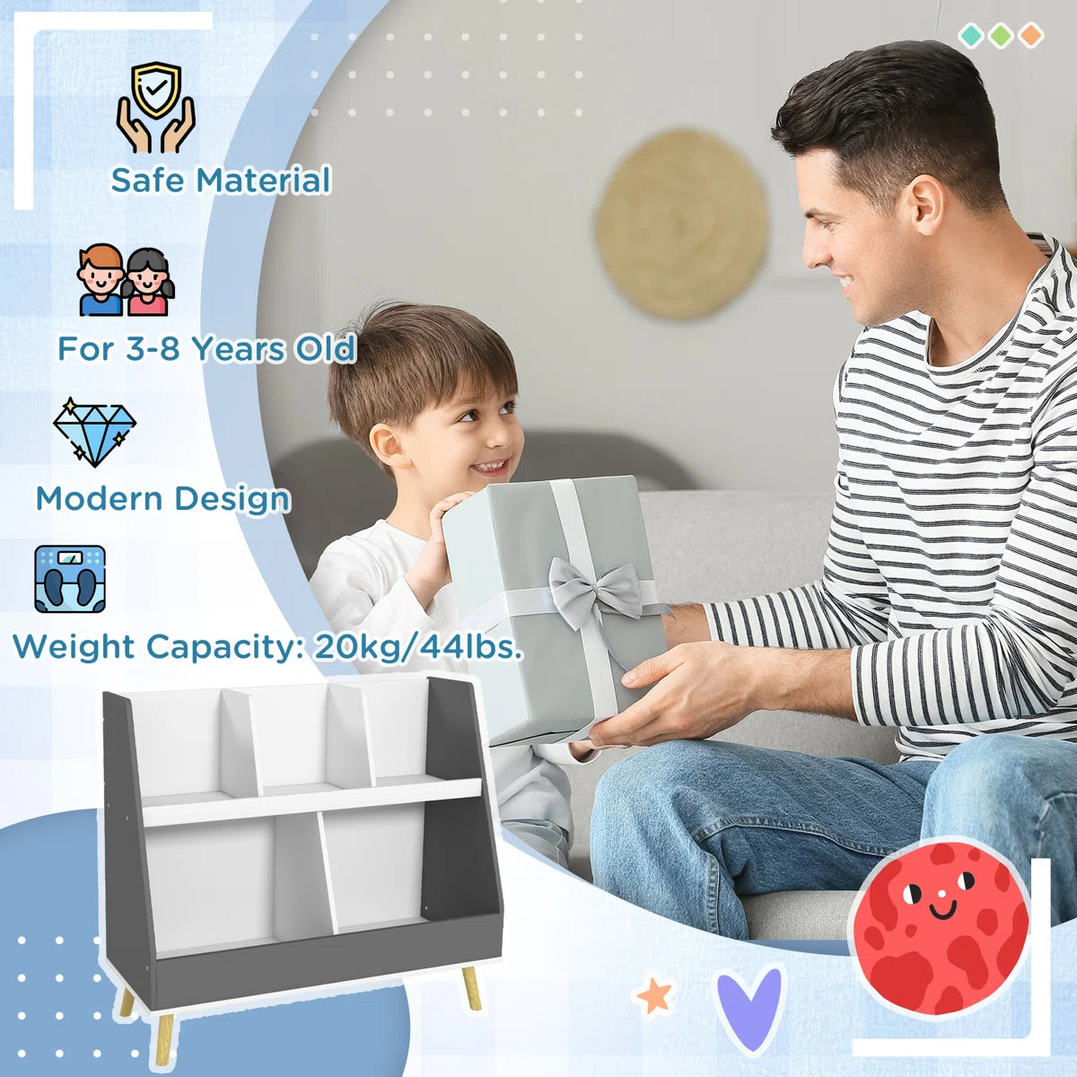 Kids Toy Storage Unit: 2-Tier, 5-Compartment Kids Storage Shelf with Anti-Tip Device