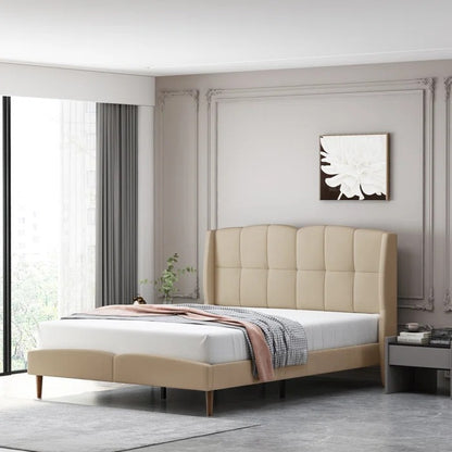Queen Size Bed: Fabric Upholstered Bed with Wingback Design