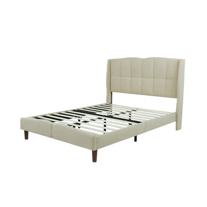 Queen Size Bed: Fabric Upholstered Bed with Wingback Design