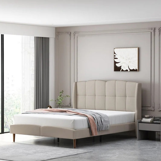 Queen Size Bed: Fabric Upholstered Bed with Wingback Design