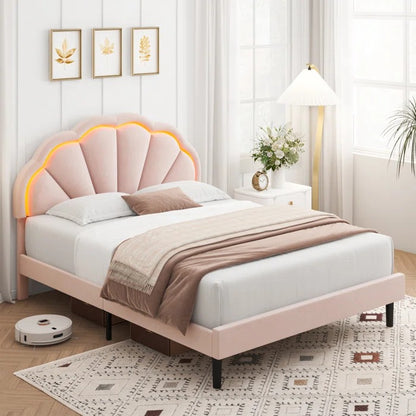 Queen Size Bed: Flower Silhouette Headboard Upholstered Platform Bed