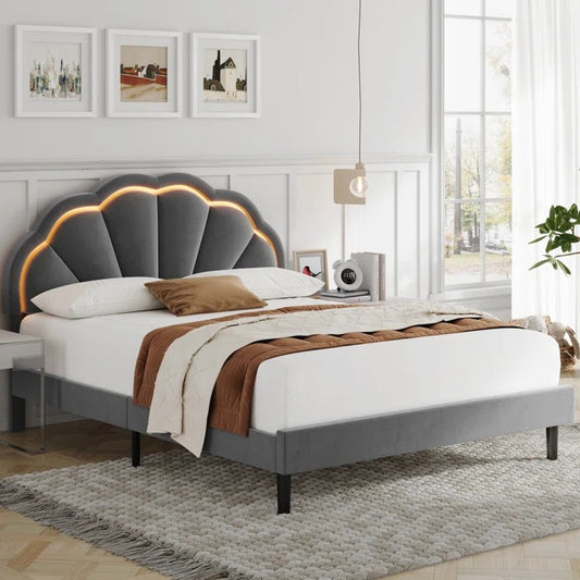 Queen Size Bed: Flower Silhouette Headboard Upholstered Platform Bed