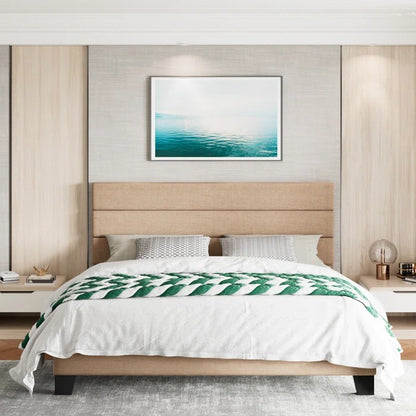 Queen Size Bed: Platform Bed with Fabric Upholstered Headboard and Wooden Slats