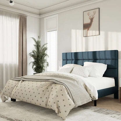 Queen Size Bed: Platform Bed with Fabric Upholstered Headboard and Wooden Slats