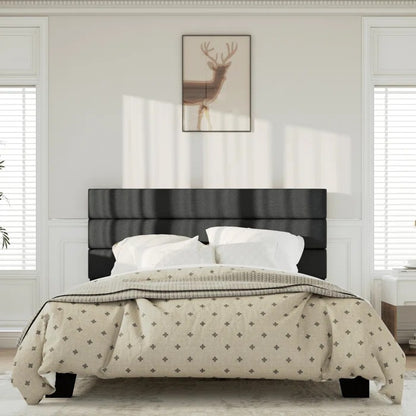 Queen Size Bed: Platform Bed with Fabric Upholstered Headboard and Wooden Slats