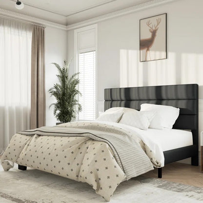 Queen Size Bed: Platform Bed with Fabric Upholstered Headboard and Wooden Slats