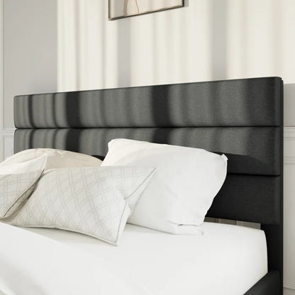 Queen Size Bed: Platform Bed with Fabric Upholstered Headboard and Wooden Slats