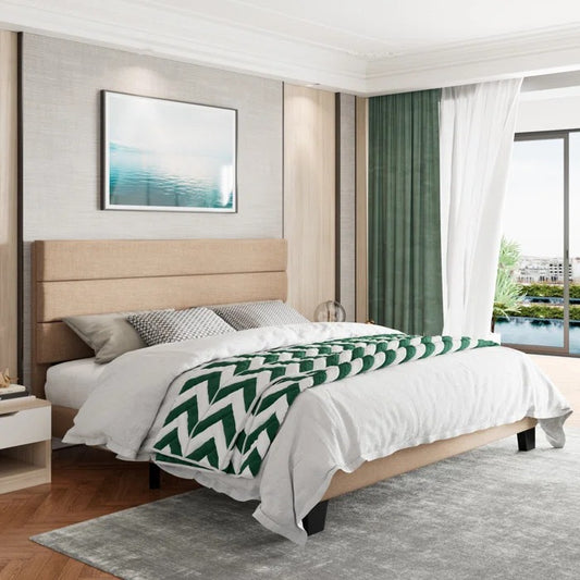 Queen Size Bed: Platform Bed with Fabric Upholstered Headboard and Wooden Slats
