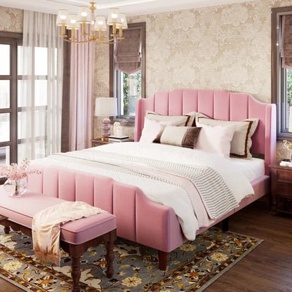 Queen Size Bed: Queen Size Modern Curved Upholstered Bed