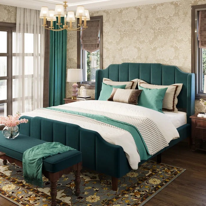 Queen Size Bed: Queen Size Modern Curved Upholstered Bed