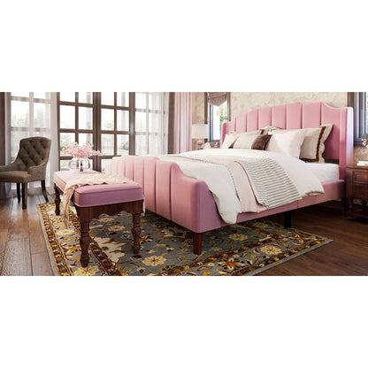 Queen Size Bed: Queen Size Modern Curved Upholstered Bed