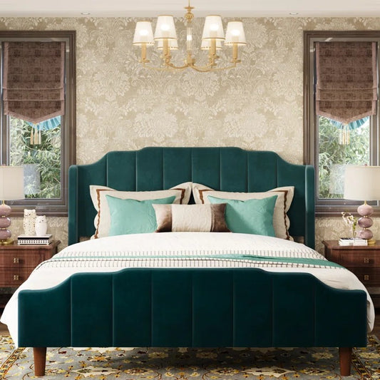 Queen Size Bed: Queen Size Modern Curved Upholstered Bed