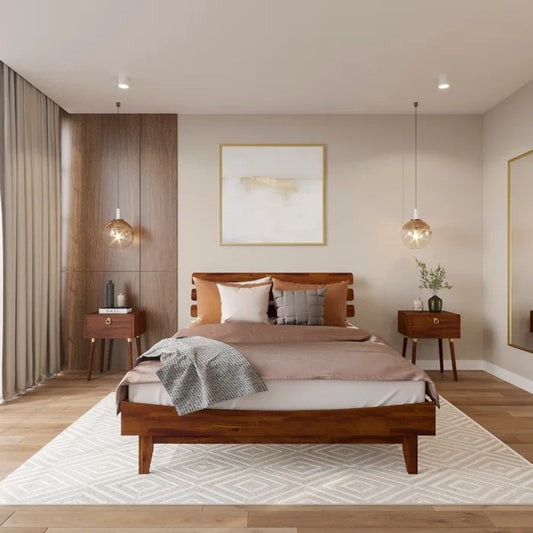 Queen Size Bed: Solid Wooden Bed Frame With Adjustable Headboard