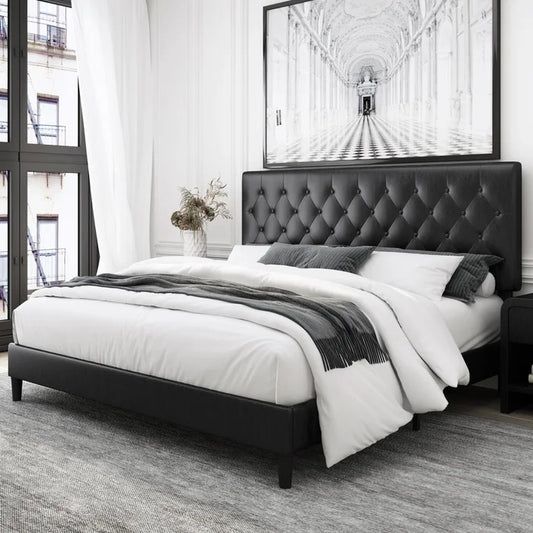 Queen Size Bed: Upholstered Bed with Adjustable Headboard