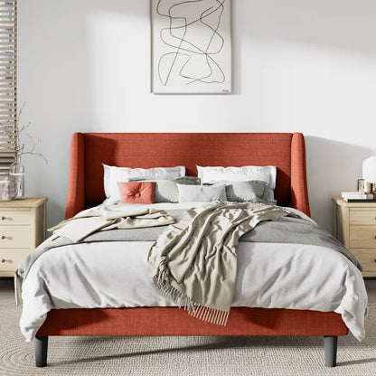 Queen Size Bed: Upholstered Wingback Queen Size Bed