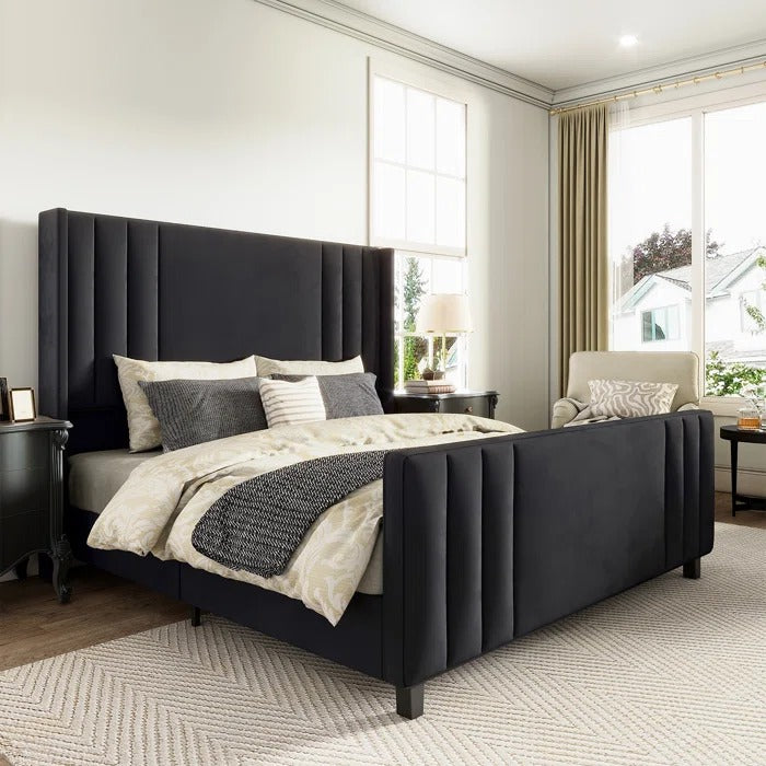 Queen Size Bed: Velvet Upholstered Platform Bed with Headboard