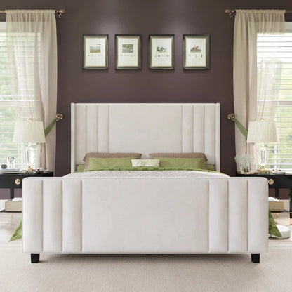 Queen Size Bed: Velvet Upholstered Platform Bed with Headboard