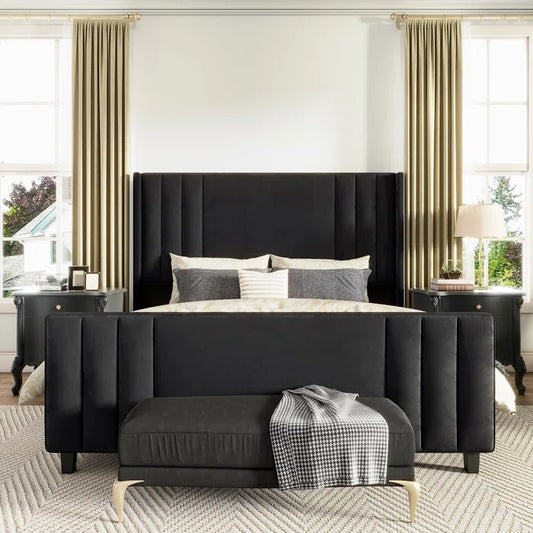 Queen Size Bed: Velvet Upholstered Platform Bed with Headboard