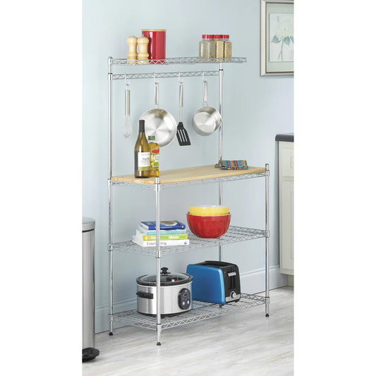 Kitchen Racks: 36.25'' Adjustable Metal Baker's Rack with Wood Countertop and Hanging Hooks