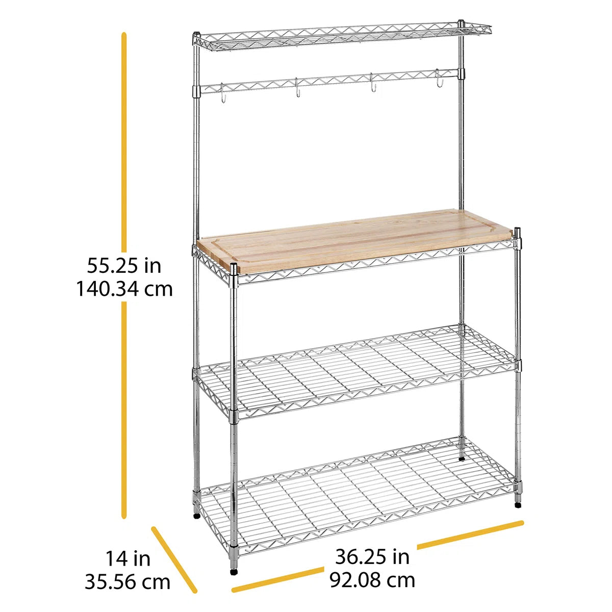Kitchen Racks: 36.25'' Adjustable Metal Baker's Rack with Wood Countertop and Hanging Hooks