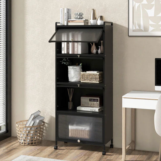 Kitchen Racks: Modern Black Storage Cabinet with Flip Doors and Open Shelves
