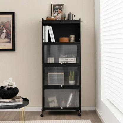 Kitchen Racks: Modern Black Storage Cabinet with Flip Doors and Open Shelves