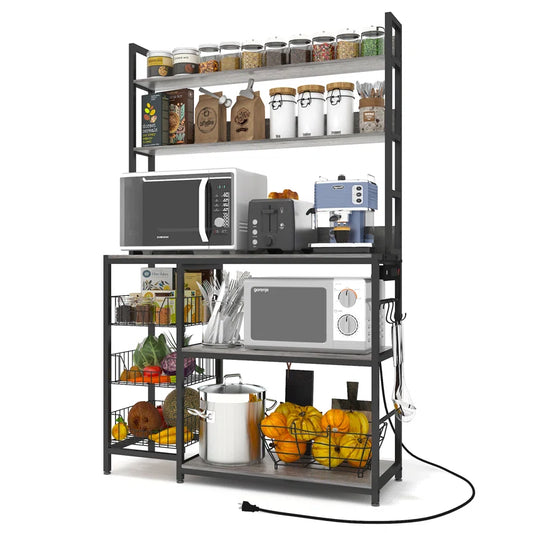 Kitchen Racks: Gray Kitchen Baker's Rack with 3 Wire Baskets, Power Outlets & Microwave Shelf