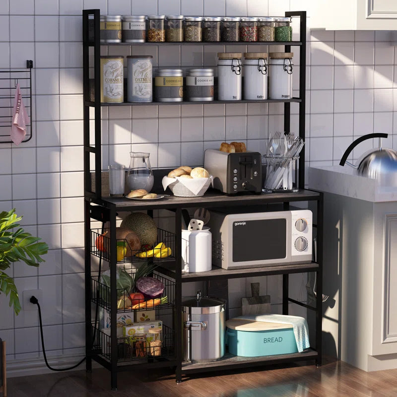 Kitchen Racks: Gray Kitchen Baker's Rack with 3 Wire Baskets, Power Outlets & Microwave Shelf