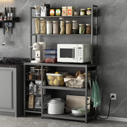 Kitchen Racks: Gray Kitchen Baker's Rack with 3 Wire Baskets, Power Outlets & Microwave Shelf