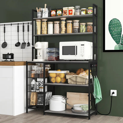 Kitchen Racks: Gray Kitchen Baker's Rack with 3 Wire Baskets, Power Outlets & Microwave Shelf